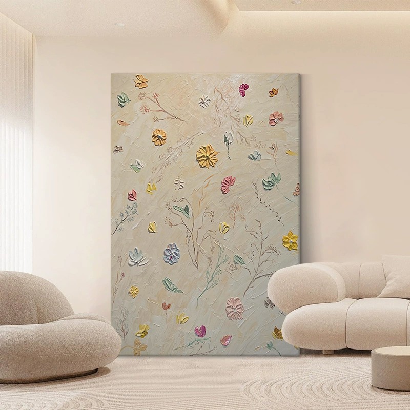 法式奶油风花卉手绘挂画客厅抽象小众艺术肌理壁画玄关丙烯装饰画图片