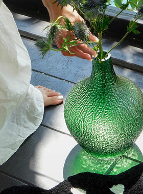 Texdream织梦中古绿高级感透光琉璃花瓶摆件法式客厅落地瓶仿真花