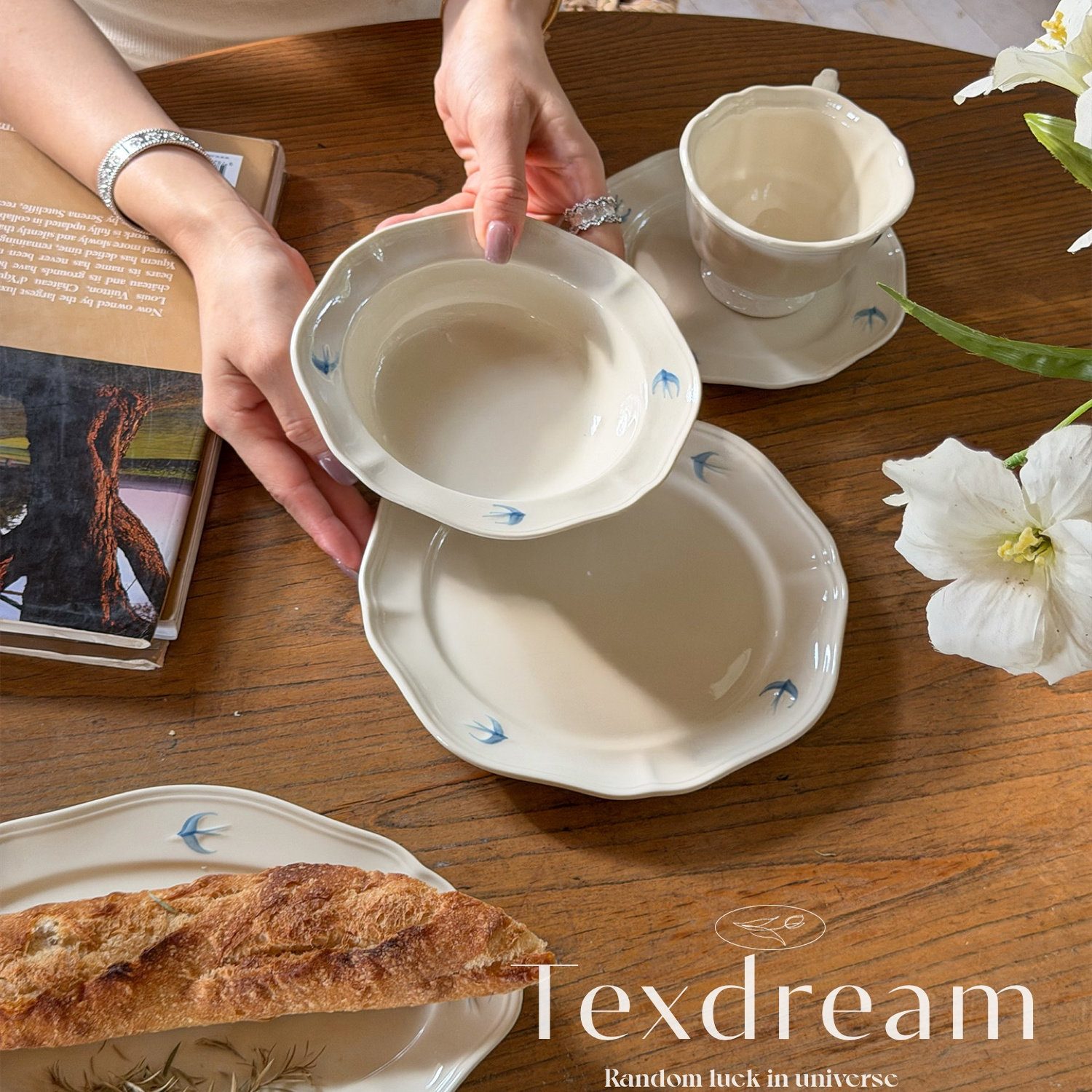 小飞燕日式手绘餐盘◆TEXDREAM织梦浮雕高颜值陶瓷咖啡杯点心碟