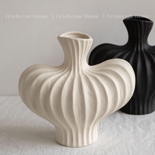 texdream织梦 黑白素胚花瓶侘寂法式肌理陶瓷仿真花套装家居摆件