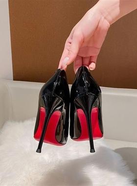 高跟鞋床上女细跟2022年新款夏季黑色红底10厘米性感尖头单鞋