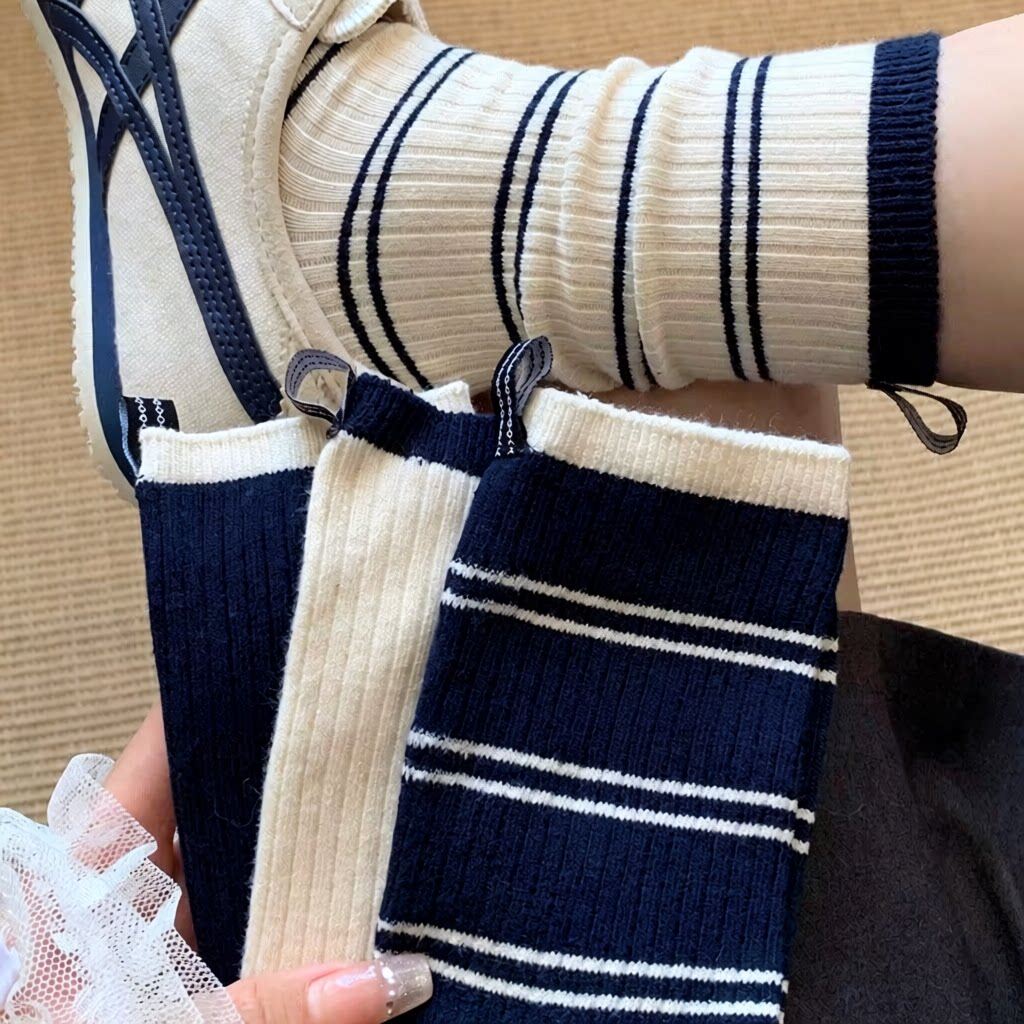 袜子女秋冬韩版条纹拼色藏后跟