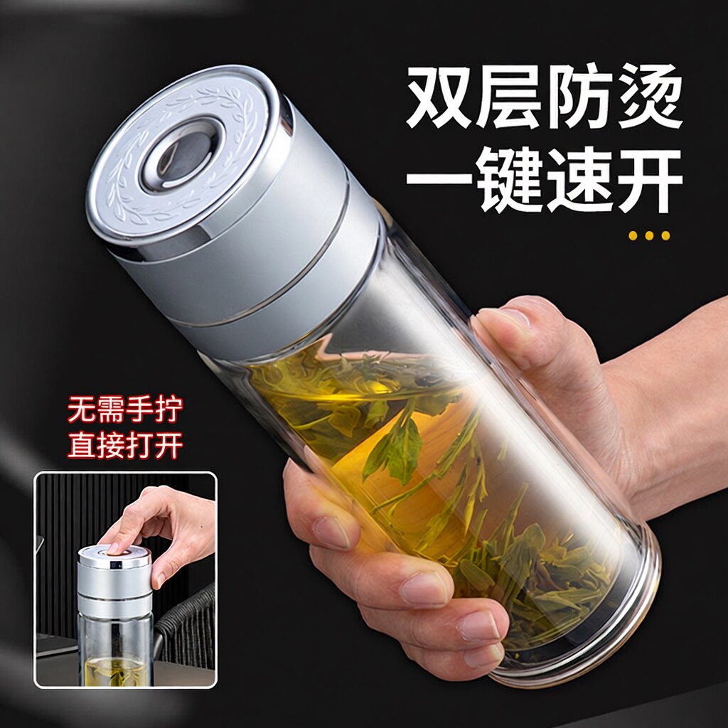 一键开盖车载双层玻璃保温杯|