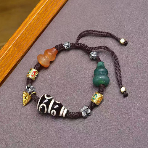 天然玛瑙葫芦三七银多面佛配饰编织手绳藏式文玩六眼葫芦天珠手链