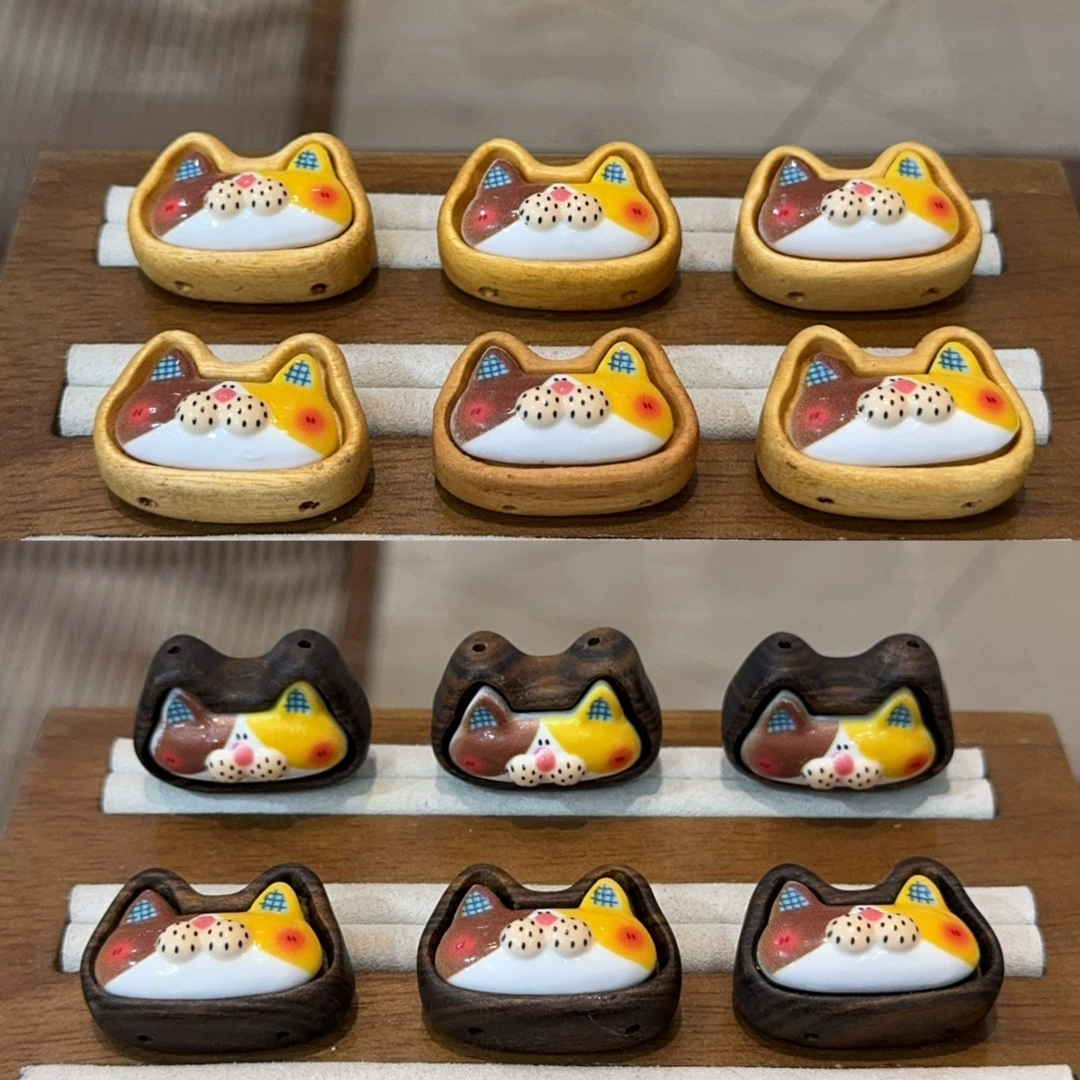 黑檀芭比檀镶嵌卡通小狐狸二饼卡通配件手工DIY文玩包挂吊坠配饰