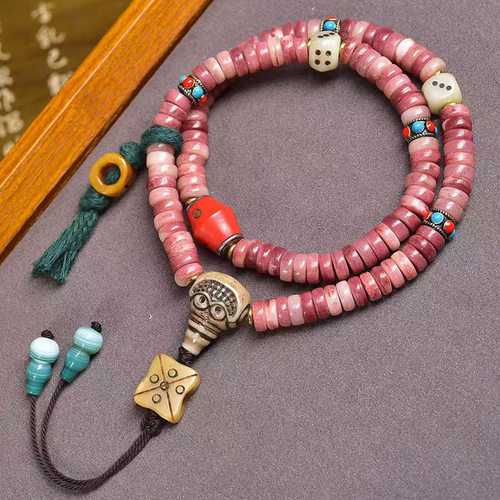 藏式文玩半血骆驼骨盘珠108颗佛珠念珠脖挂玛瑙虎牙葫芦料器配饰