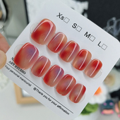 高级感红色渐变穿戴甲手工甲猫眼显白美甲贴片可拆卸果冻胶假指甲