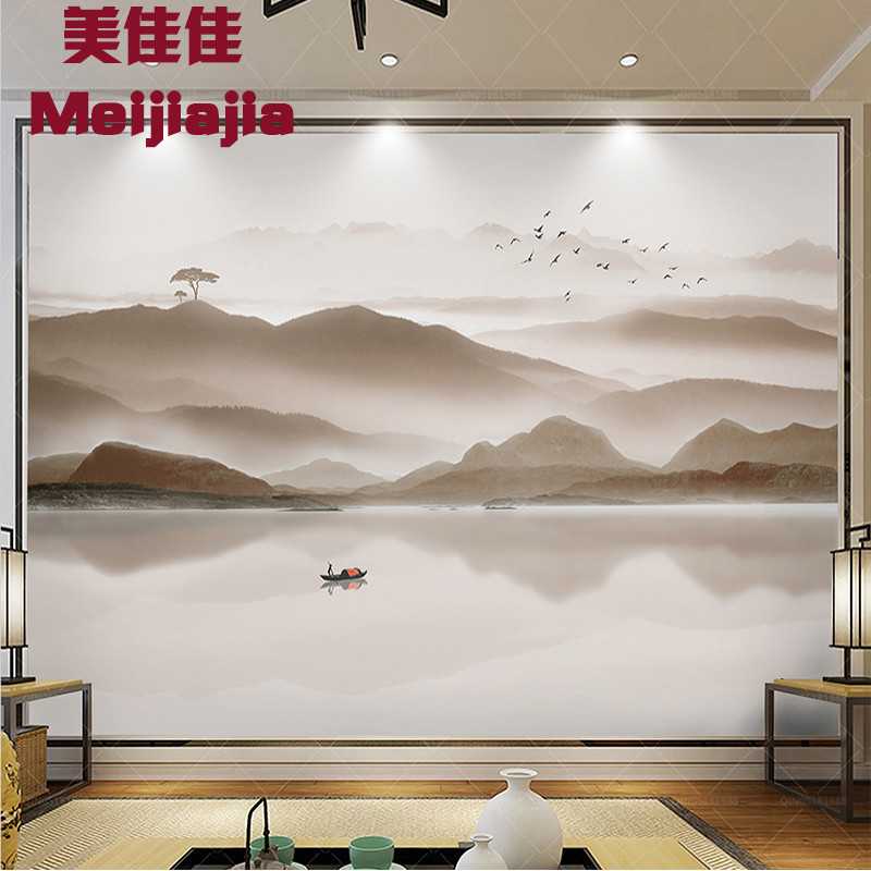 新款直销新中式黑白意境山水电视背景墙壁纸水墨云雾客厅沙发墙布
