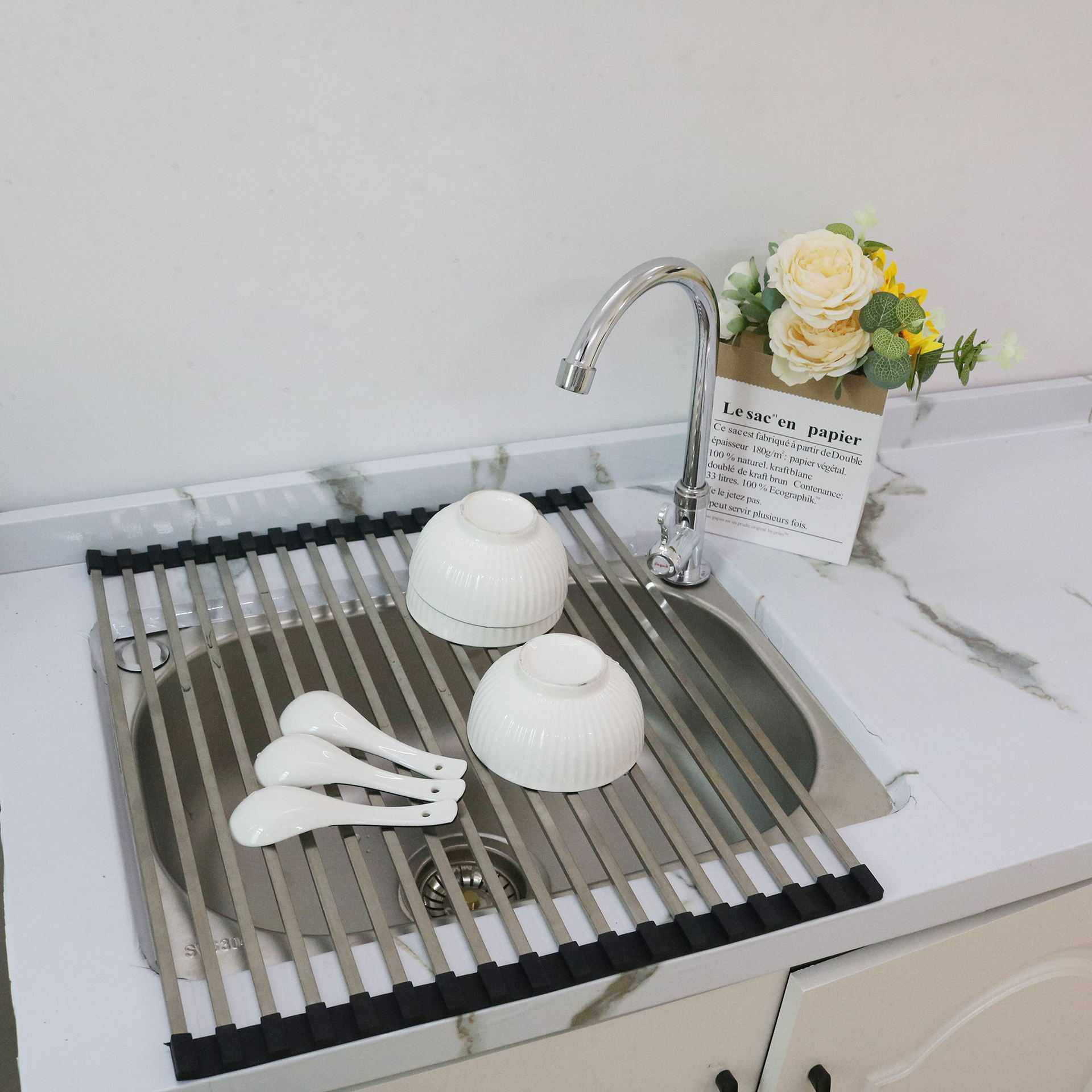新款直销304不锈钢沥水卷帘橱柜厨房水槽碗筷碟架可折叠硅胶置物,厨房/烹饪用具,水槽置物架,淘宝优惠券,粉丝福利购,淘宝优惠卷