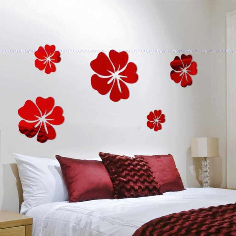 新款直销外贸 个性木槿花DIY水晶亚克力镜面立体墙贴客厅电视沙发