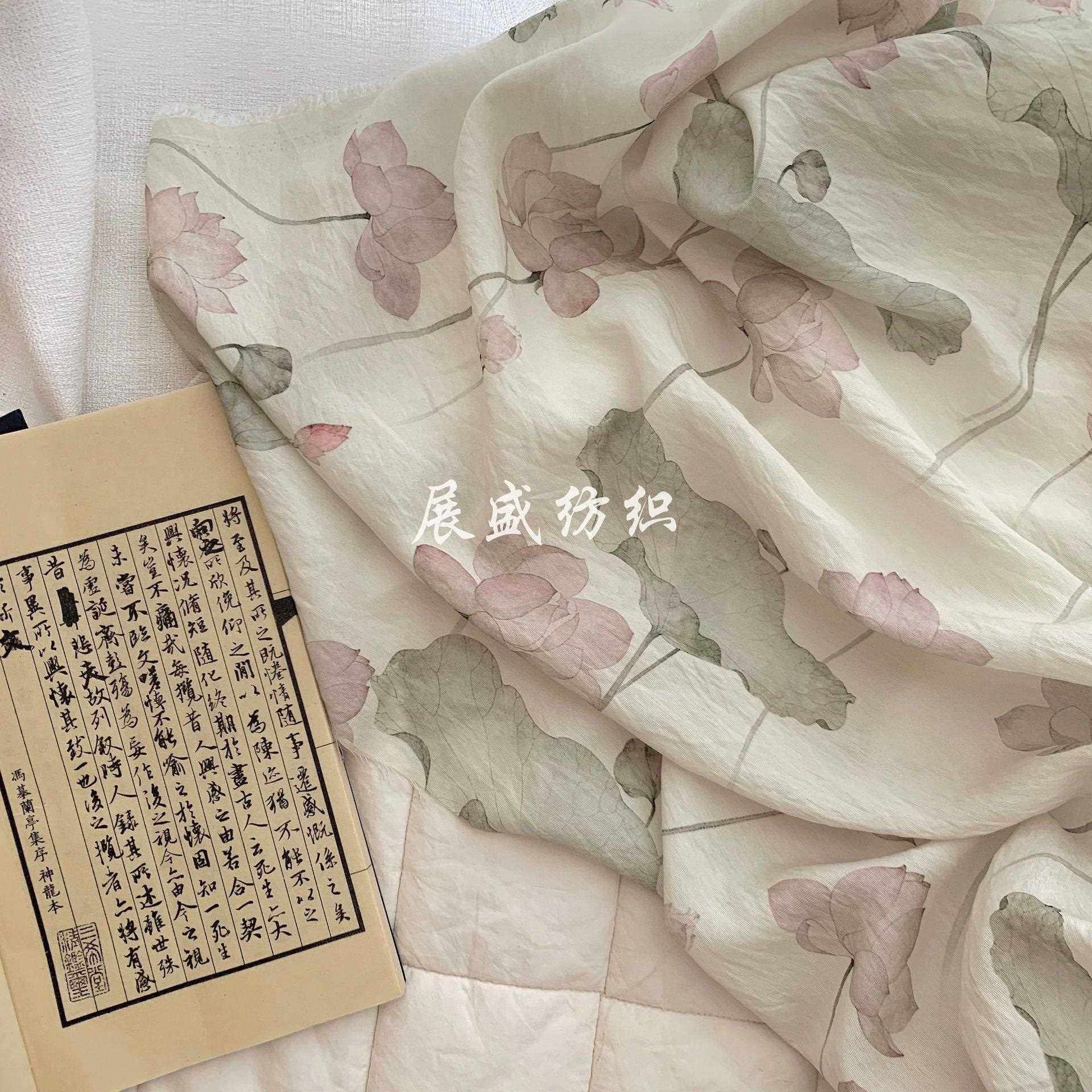 新款直销天丝苎麻数码印花面料 新中式国风复古风布料 旗袍连衣裙