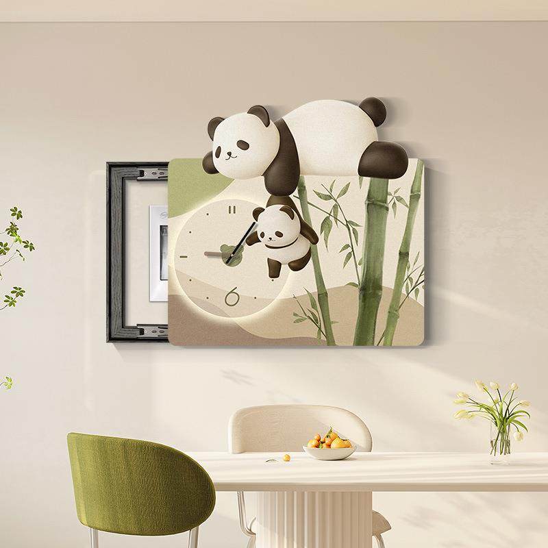 新款直销电表箱装饰画带钟表猫咪免打孔电源开关遮挡挂画卡通客厅