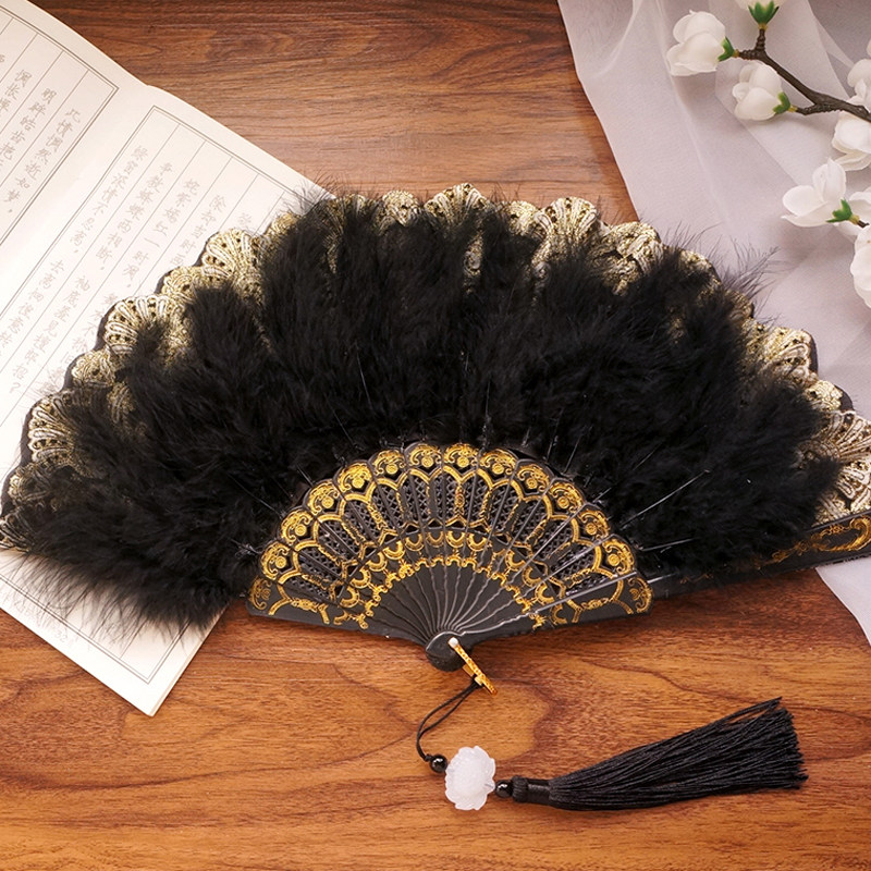 女士羽毛扇古风旗袍走秀折扇新中式汉服舞蹈黑色毛绒扇子加厚毛毛