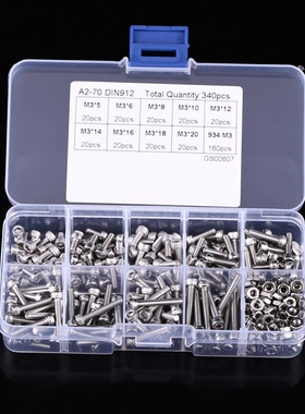 340pcs/Box M3 Hex Socket Screws Bolts Nut Stainless Steel C