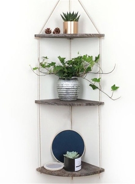 Wooden Hanging Corner Wall Shelf Vintage Rope Storage Rack