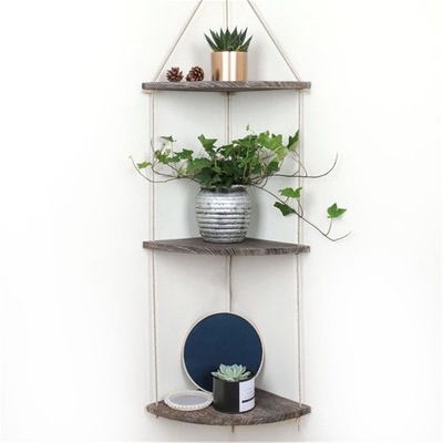 Wooden Hanging Corner Wall Shelf Vintage Rope Storage Rack