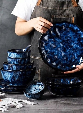 Piring Makan Keramik dan Mangkuk Hidangan Biru Kreatif