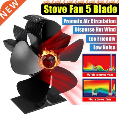 Black 5 Blades Heat Powered Stove Fan Log Wood Burner Eco Fr