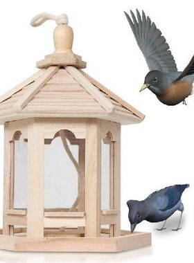 1000ml Hanging Wild Bird Feed Dispenser Wooden Outdoor