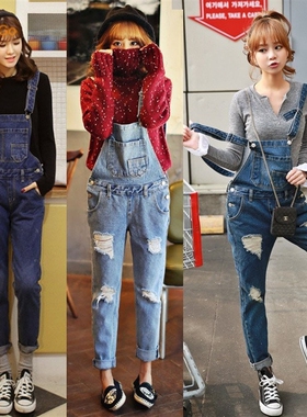 2018 Korean women hole denim overalls slim  jeans tide