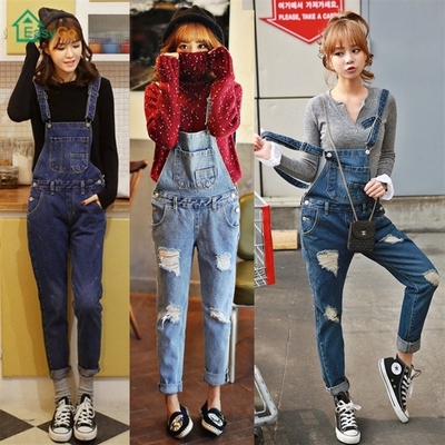 2018 Korean women hole denim overalls slim  jeans tide