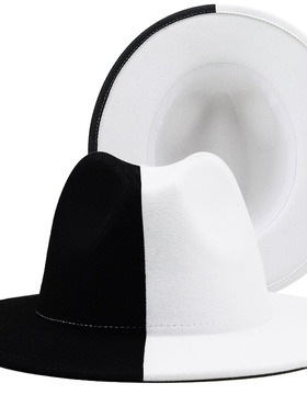 Black White Patchwork Wool Felt Jazz Fedora Hat Women Unisex