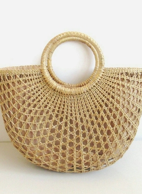 Yellow grass hollow woven bag contracted color straw bag