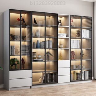 博骥实木书柜一体靠墙落地展示柜家用客厅储物玻璃门组合书橱定制