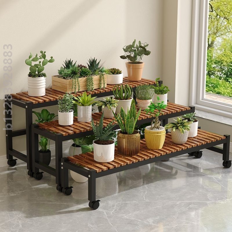 花架置物架实木阶梯多层带轮落地式铁艺家用室内户外绿萝花盆架子
