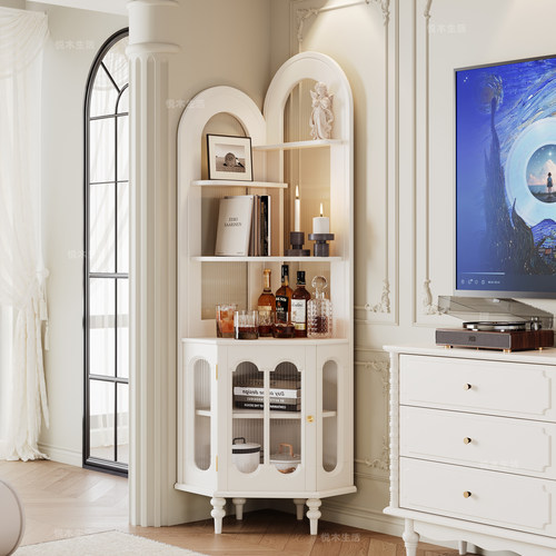 法式奶油风实木客厅转角柜三角柜白色美式墙角柜子置物架靠墙一体