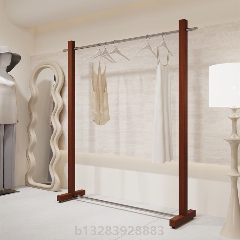 服装展示架新款胡桃木色木纹漆不锈钢落地挂衣架铁艺中岛加厚货架