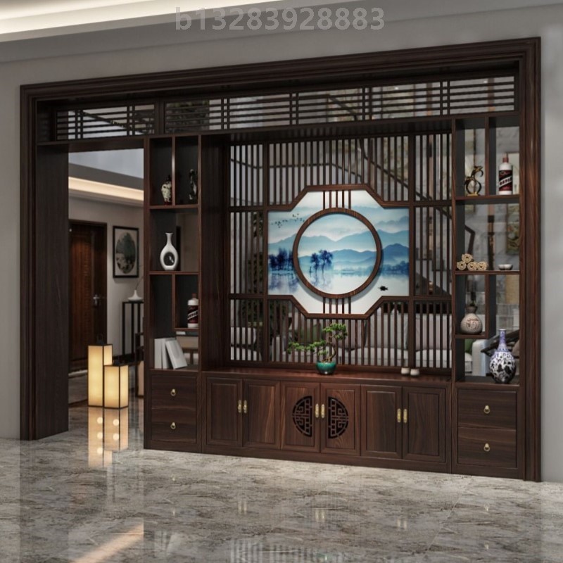 中式屏风客厅隔断柜入户正对门玄关柜遮挡简约现代实木拱门置物架