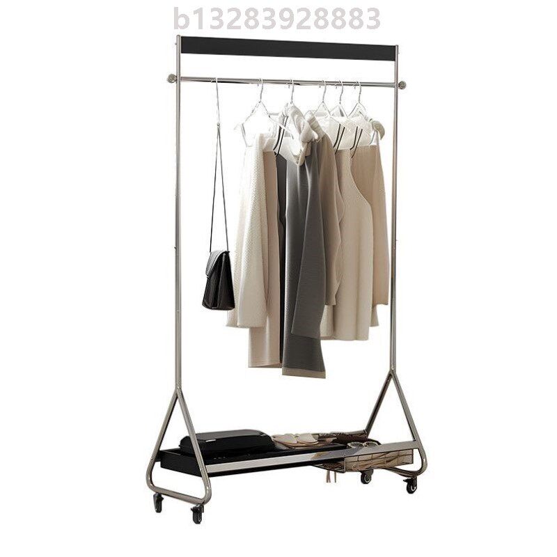 中古风不锈钢实木衣帽架轻奢可移动家用卧室落地收纳挂衣架