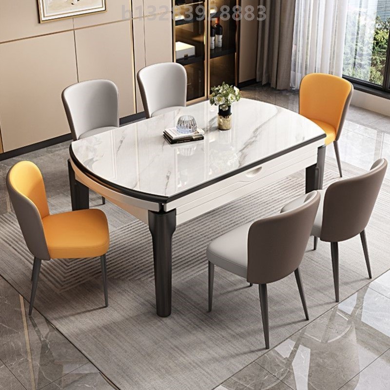 亮光岩板现代简约餐桌椅子组合家用小户型实木伸缩折叠可变圆桌子