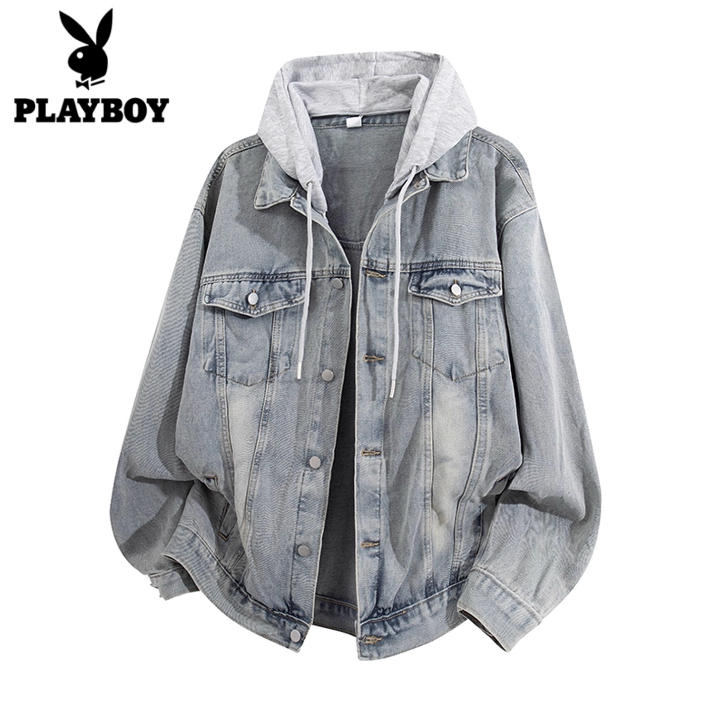 花花公子美式连帽假两件牛仔外套男士秋冬款复古百搭翻领夹克上衣