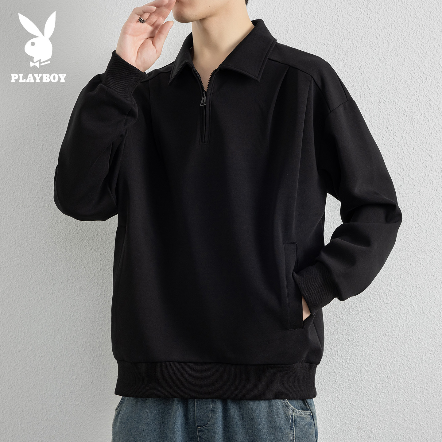 花花公子半拉链长袖卫衣男士秋冬季宽松休闲打底T恤polo翻领衣服