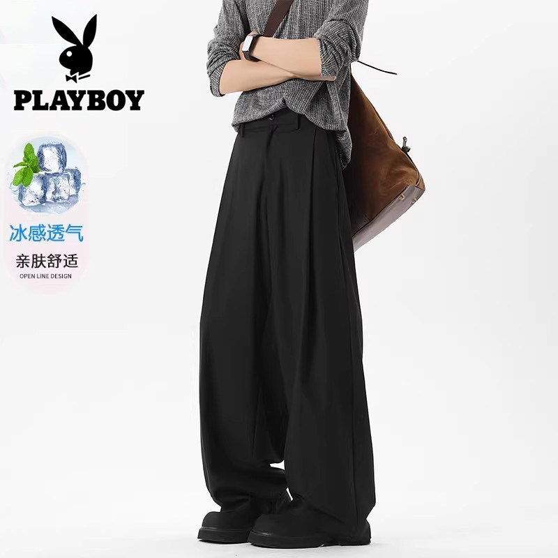 花花公子冰丝垂感休闲西裤子男士2026夏季薄款宽松直筒阔腿高级感