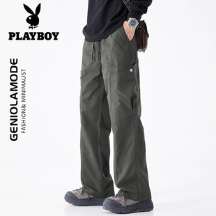 花花公子黑色工装裤子男秋冬季新款加绒加厚宽松直筒冲锋休闲裤男