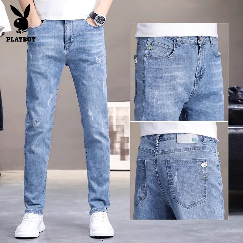 花花公子男士修身牛仔裤2026夏季新款潮流弹力直筒小脚休闲长裤子