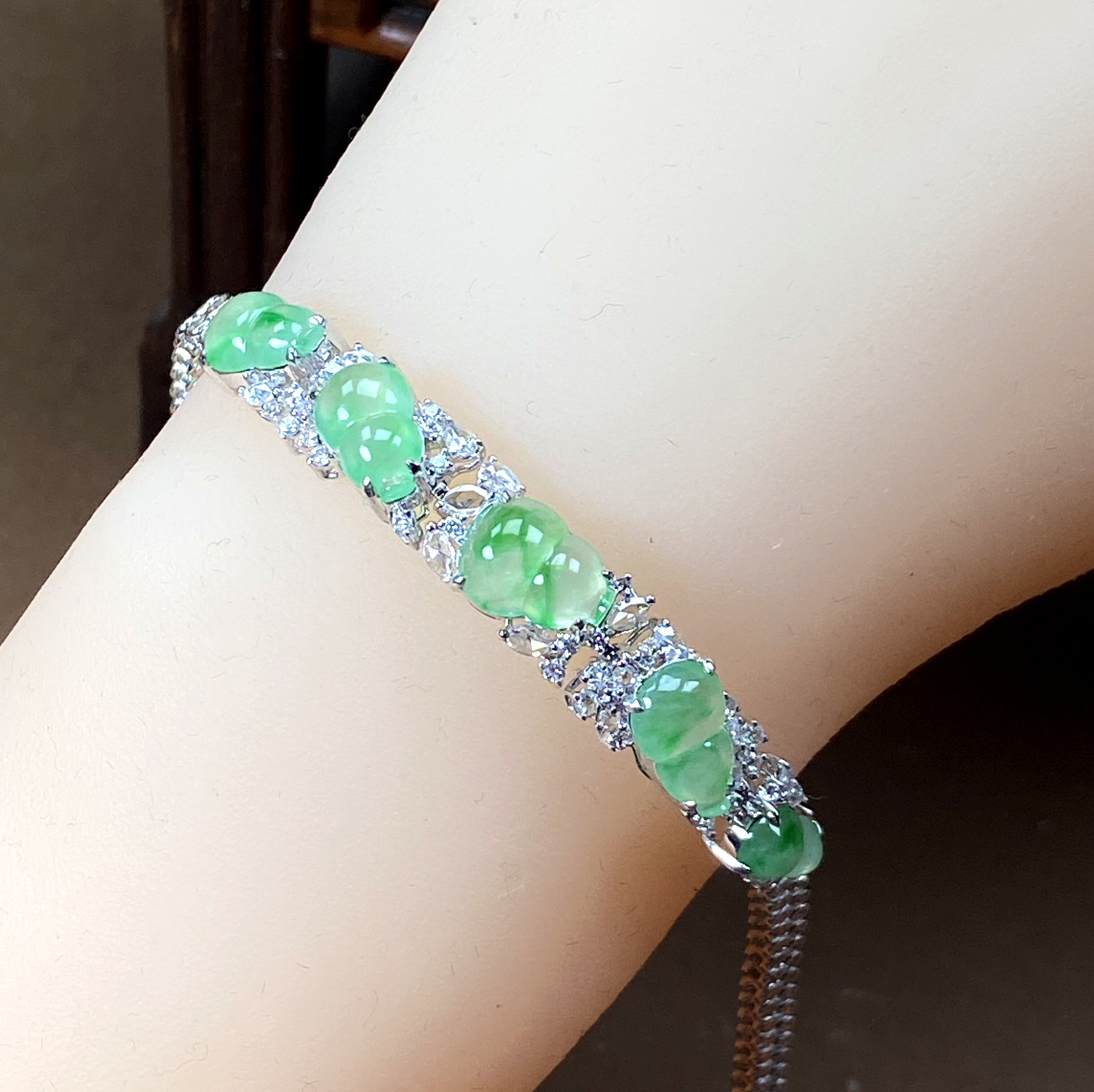 216号玻璃种白底飘金丝阳绿缅甸A货翡翠葫芦手链 18K金镶钻 檀言