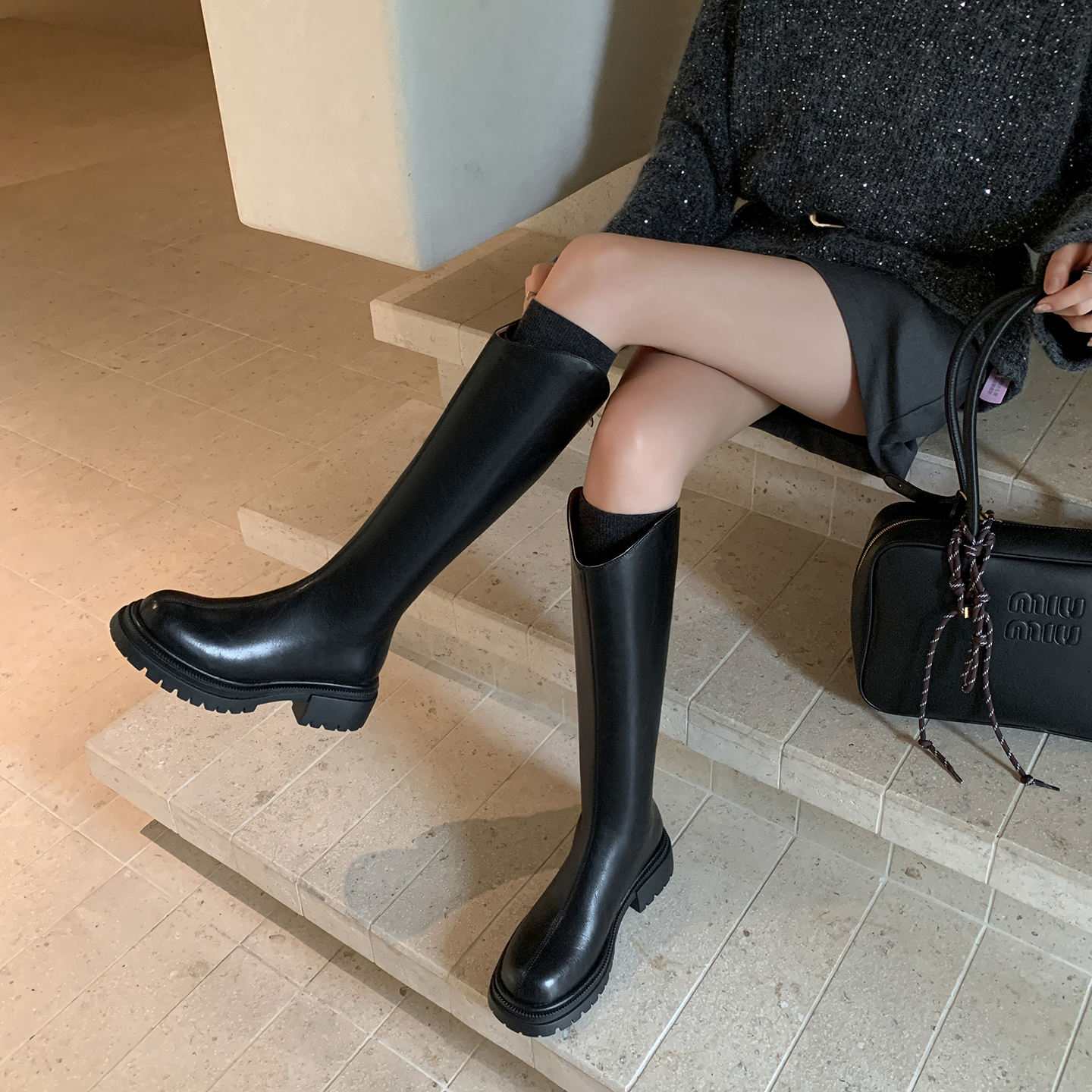 真皮高筒骑士靴女厚底增高舒适