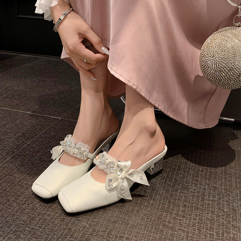 真皮蝴蝶结粗跟穆勒鞋女包头拖鞋