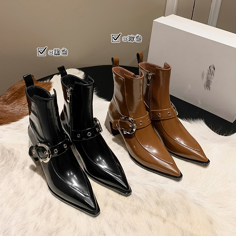 真皮尖头粗跟短靴女中跟马丁靴