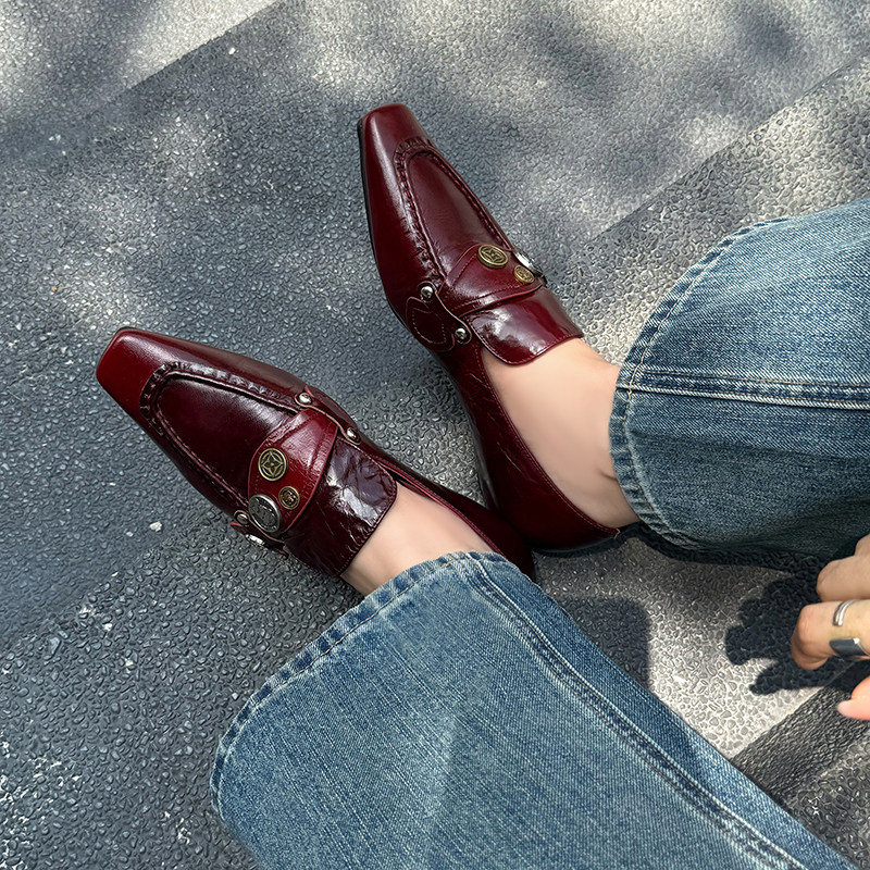 真皮复古老钱风内增高金属扣方头乐福鞋女单鞋一脚蹬气质通勤女鞋