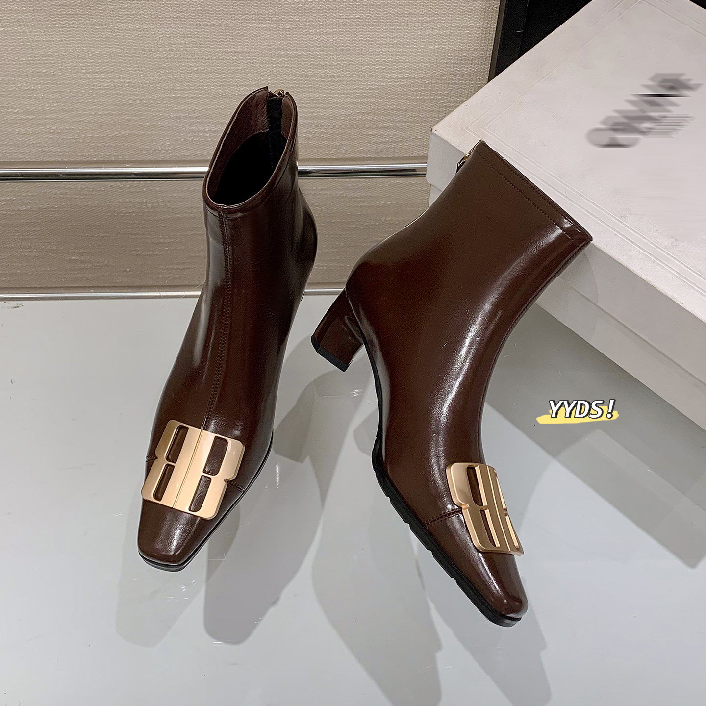 头层牛皮粗跟短靴女高跟瘦瘦靴