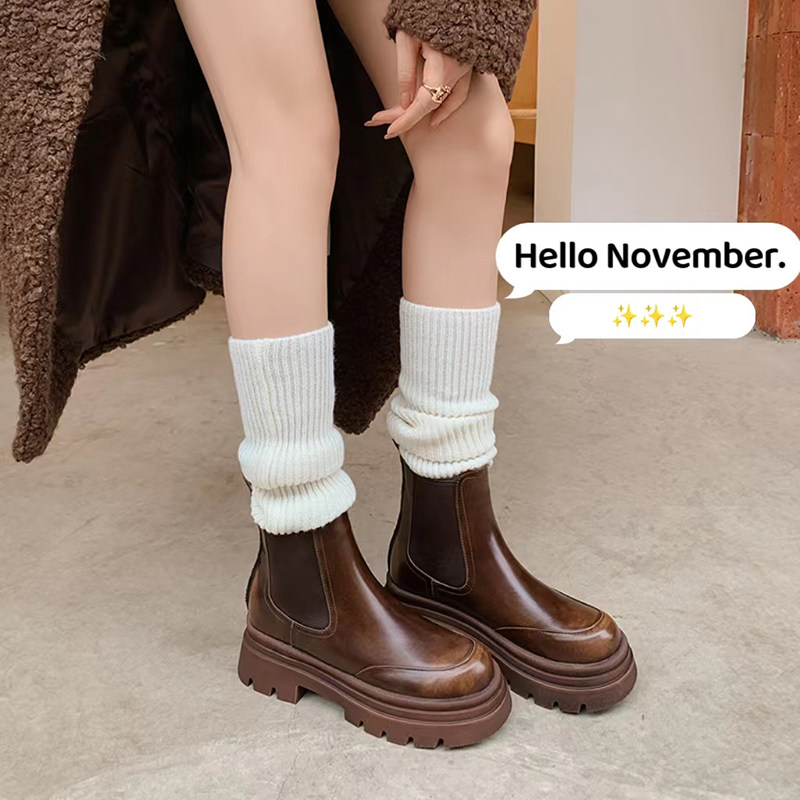 真皮厚底切尔西靴女冬季短筒粗跟烟筒靴子女款松糕底短靴复古女靴,女鞋,切尔西靴,淘宝优惠券,粉丝福利购,淘宝优惠卷