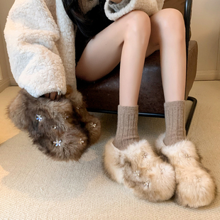 真皮时尚洋气毛毛短靴女2025冬季新款加绒保暖棉鞋女款厚底雪地靴