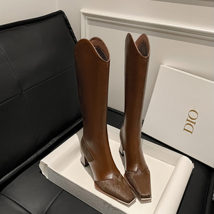 真皮方头粗跟长筒靴女高跟显瘦不过膝长靴高级感骑士靴子女款高筒