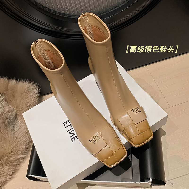 真皮方头短靴女粗跟编织设计感