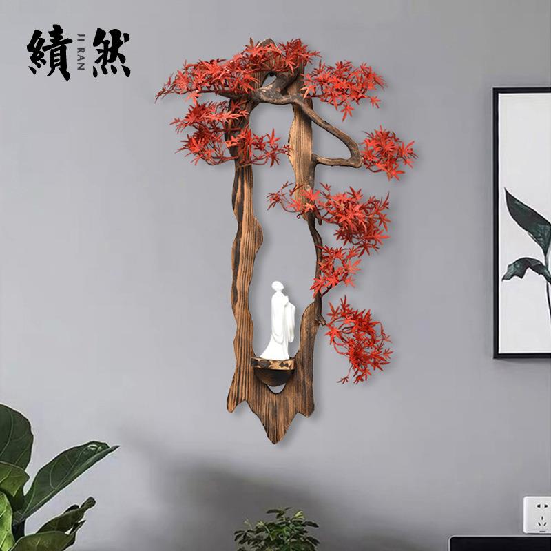 中式创意壁挂绿植摆件软装家居客厅书房玄关装饰品仿真迎客松摆设
